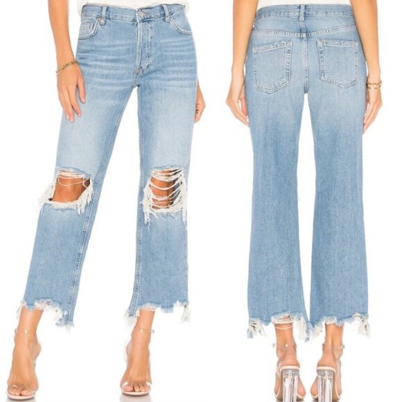 Free People Denim - Free People Revolve Maggie Straight Jeans Light Stone Raw Hem Distress Denim 25